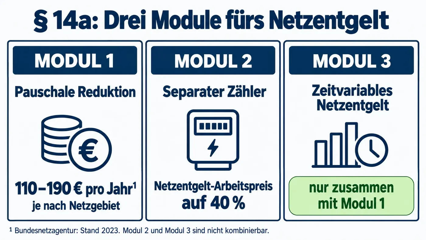 Vergleich der drei Netzentgelt-Module: Modul 1 bietet eine Pauschale, Modul 2 senkt den Netzentgelt-Arbeitspreis bei separatem Zähler auf 40 Prozent und Modul 3 ist nur mit Modul 1 kombinierbar.