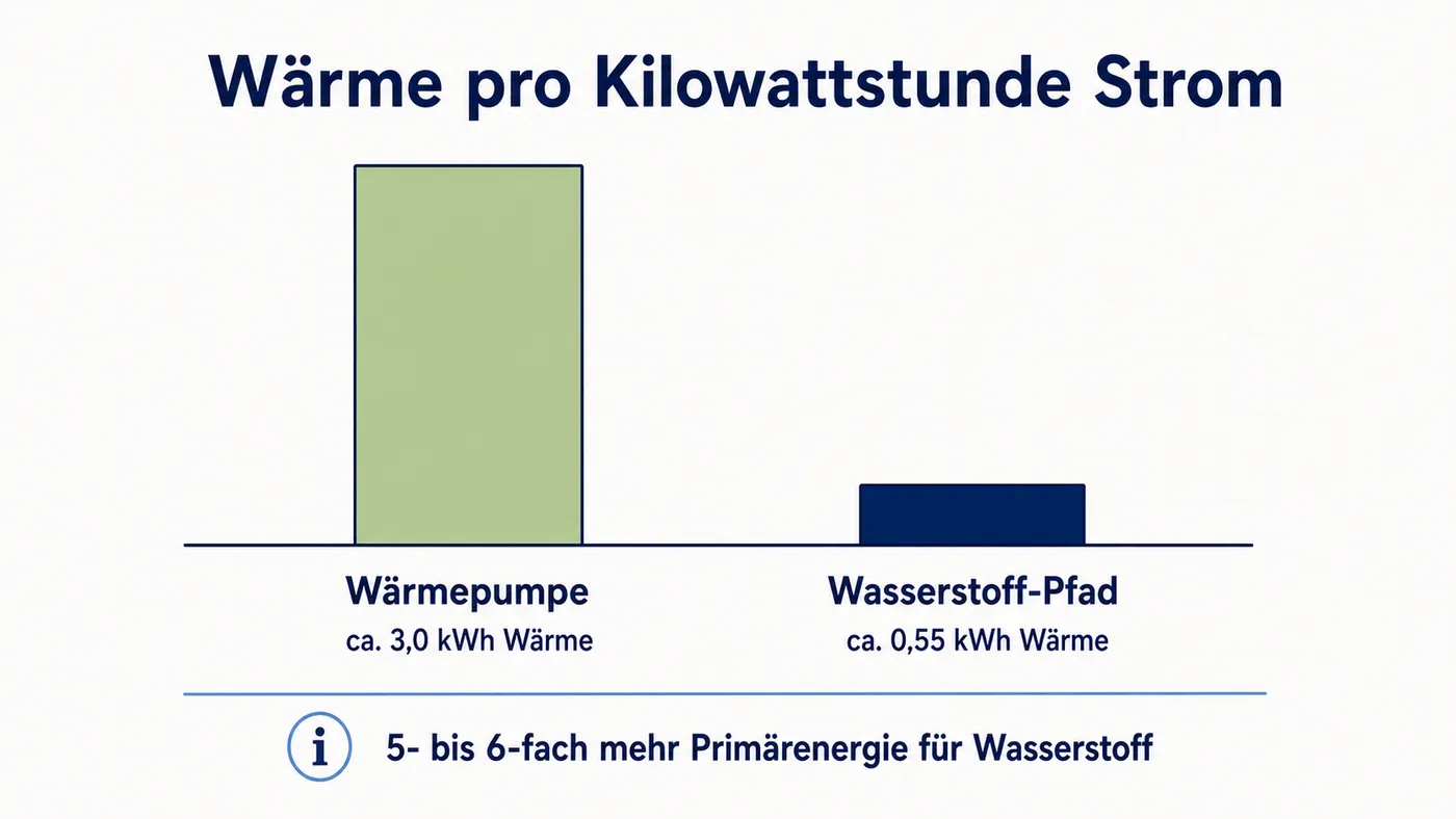 Säulen-Schema: aus einer Kilowattstunde Strom liefert die Wärmepumpe rund 3 Kilowattstunden Wärme, der Wasserstoff-Pfad nur rund 0,55, fünf- bis sechsfacher Unterschied.