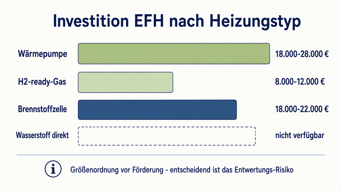 Bänder-Schema der Investitions-Größenordnung: Wärmepumpe 18.000–28.000 Euro, H2-ready-Gas 8.000–12.000 Euro, Brennstoffzelle 18.000–22.000 Euro, Wasserstoff direkt nicht verfügbar.