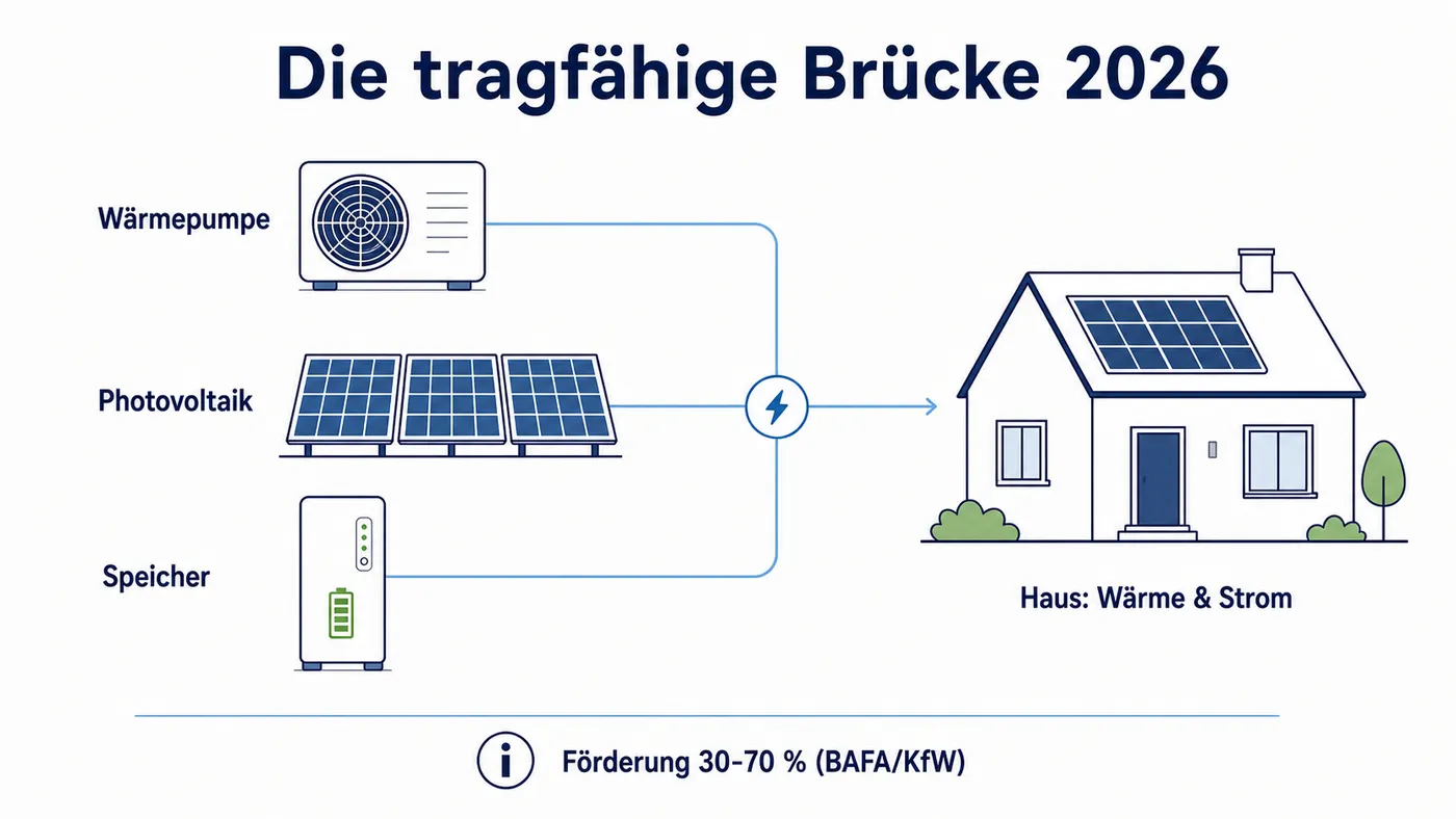 Schema: Wärmepumpe. Photovoltaik und Speicher führen über Energieflusslinien zu einem Haus, die 2026 verfügbare und geförderte Brücke statt Wasserstoff.