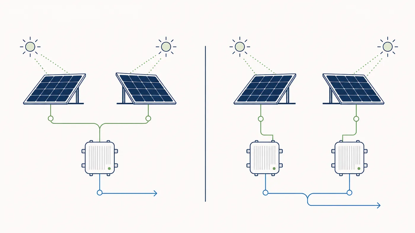 Schema 1 MPPT vs. 2 MPPT mit Modulen unterschiedlicher Ausrichtung.